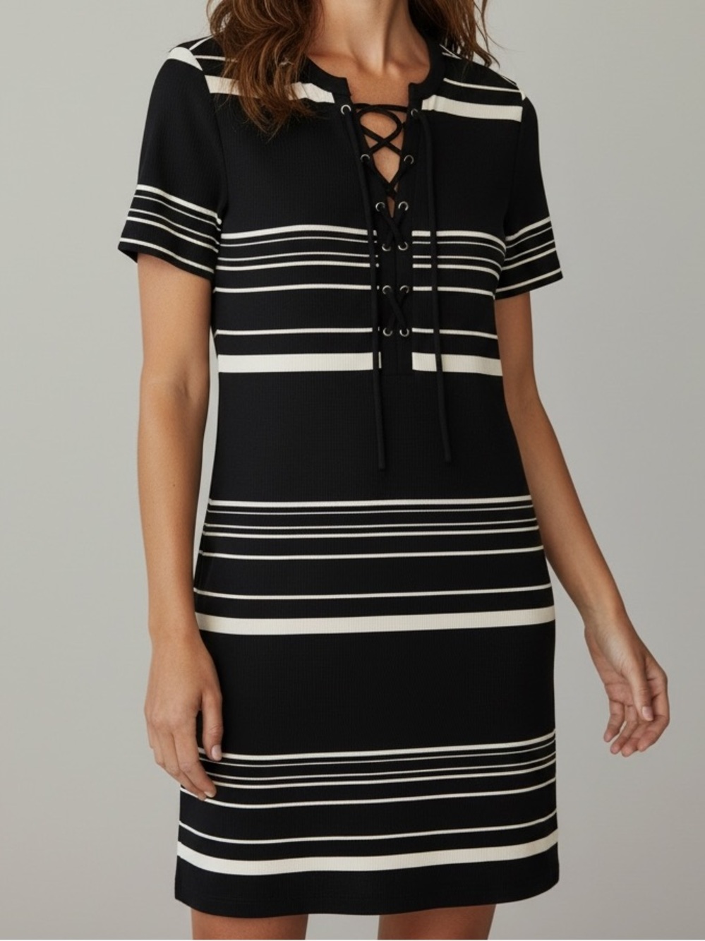 White House Black Market Black and White Lace-Up Striped Shift Dress